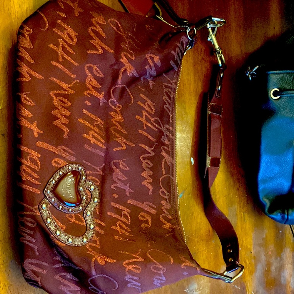 Authentic Coach Burgundy Fabric Shoulder Strap Purse. Heart detail.